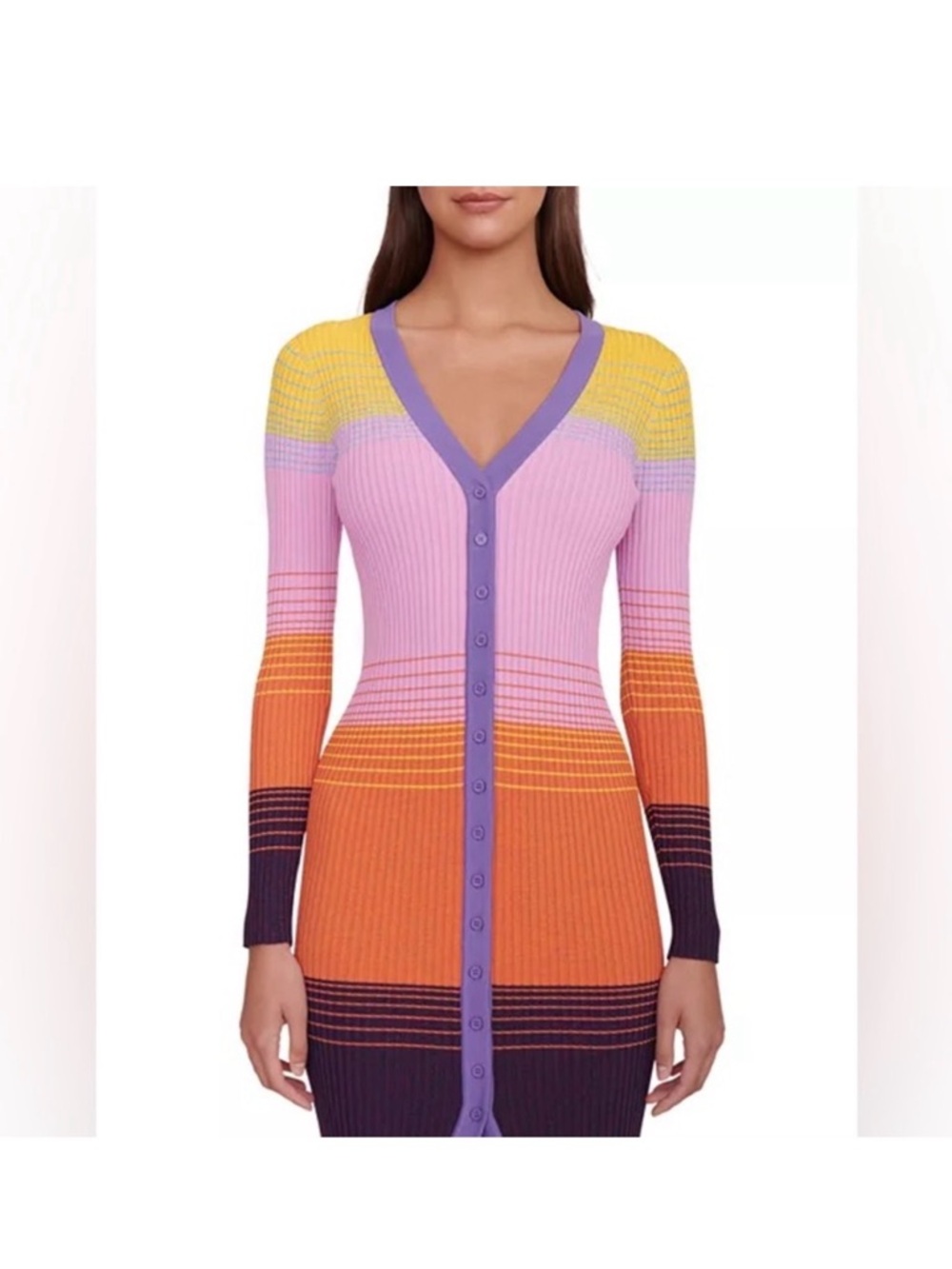 STAUD Multicolor Ribbed Button-Front Cardigan in Pink, Orange, Purple, Yellow